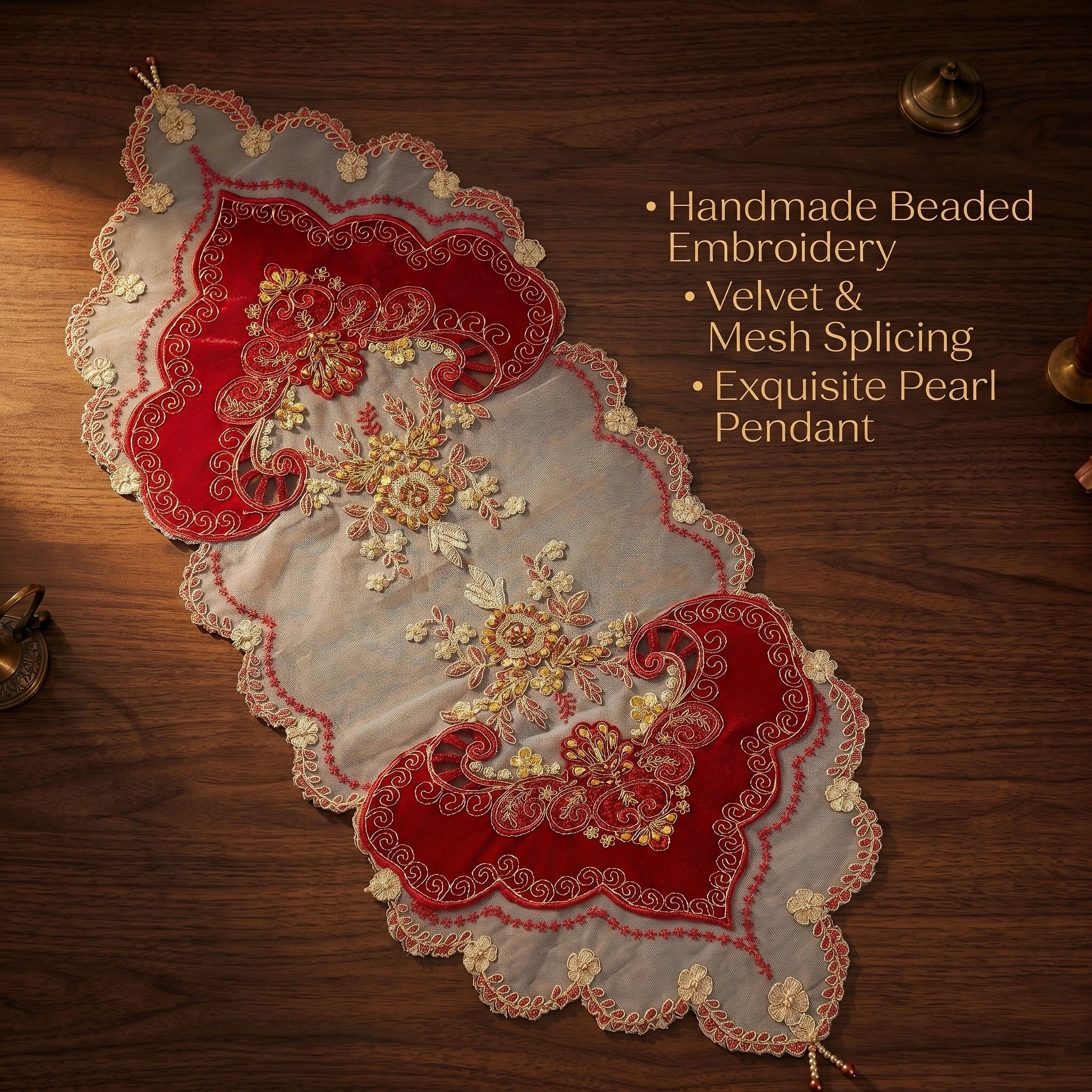 Embroidery Xmas Designs - 1pcs 40x100cm Red Velvet Table Runner