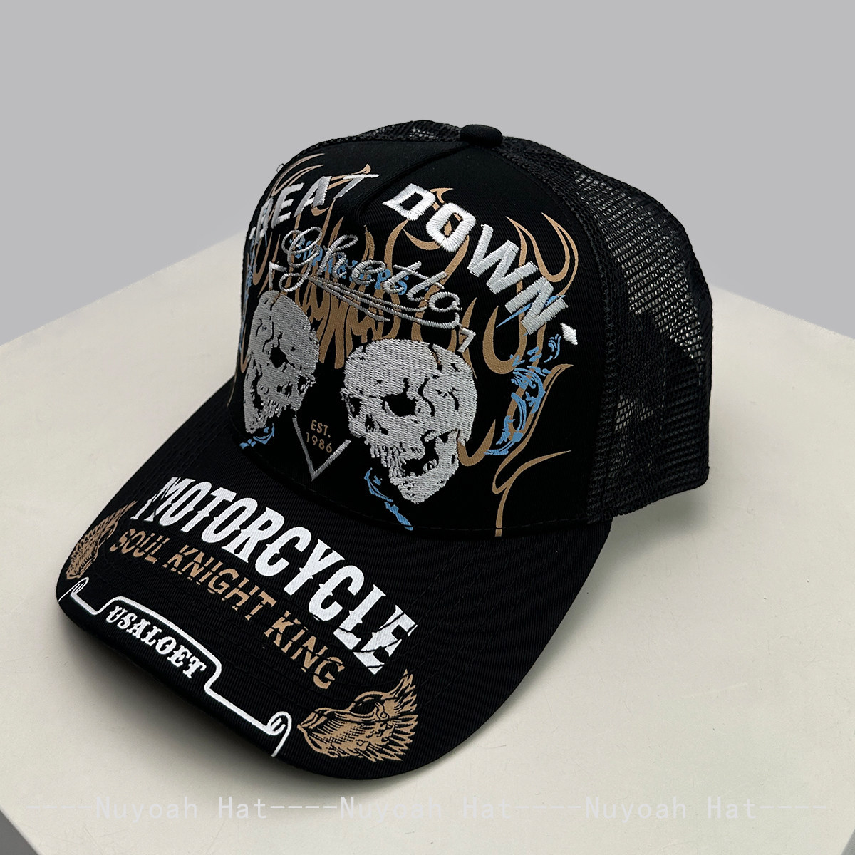 Embroidery Cap - Skull Flame Embroidery Hard Top Trucker