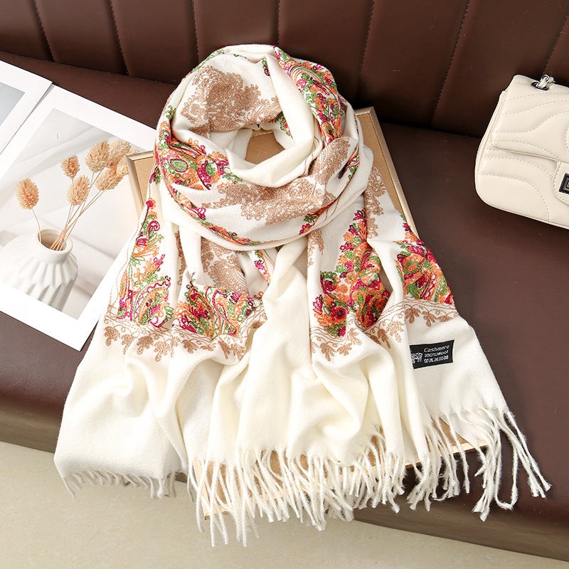 Embroidery Pashmina - Paisley Embroidery Pashmina Shawl Tassels Scarf