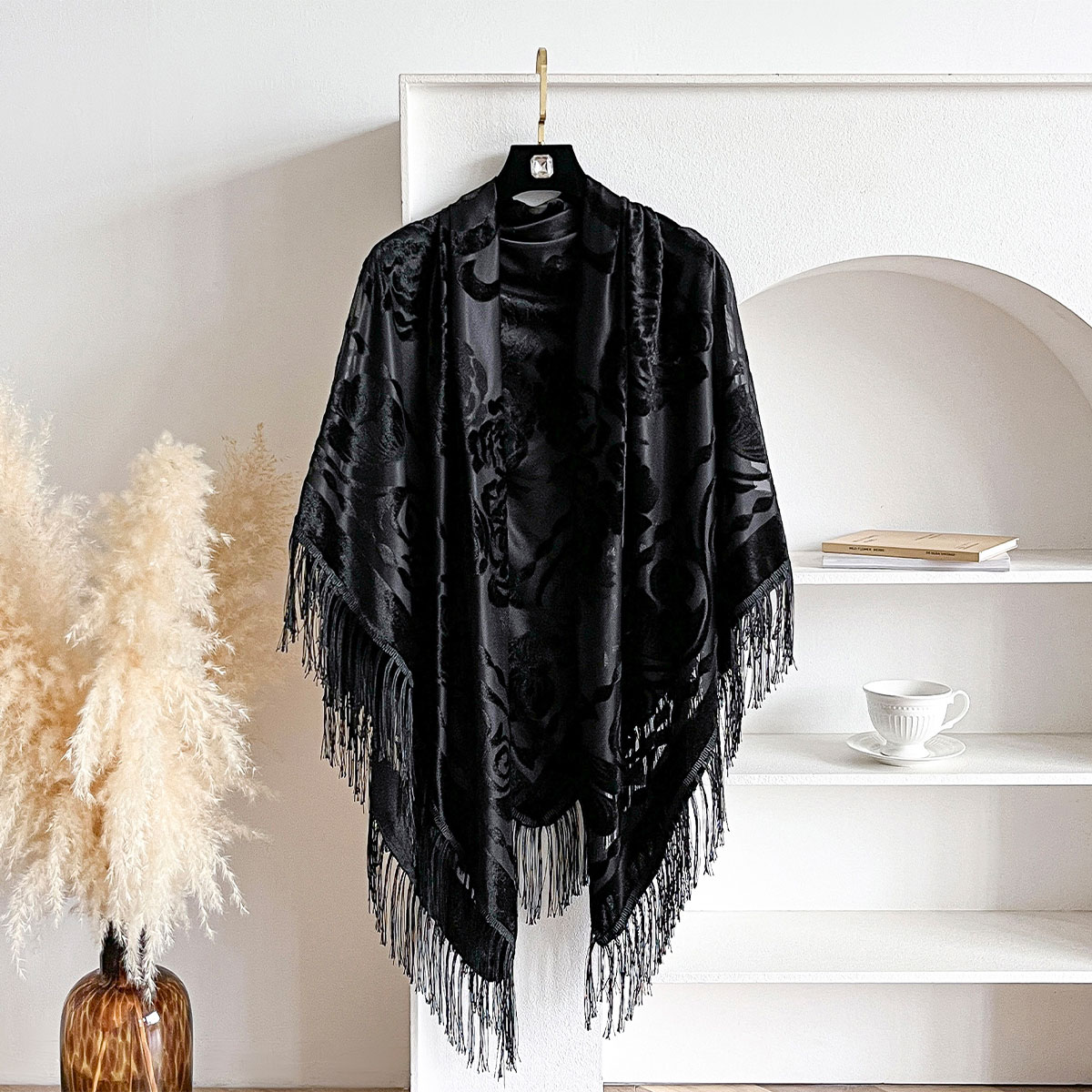 Embroidery Pashmina - Retro Velvet Tassel Scarf Floral Embroidery