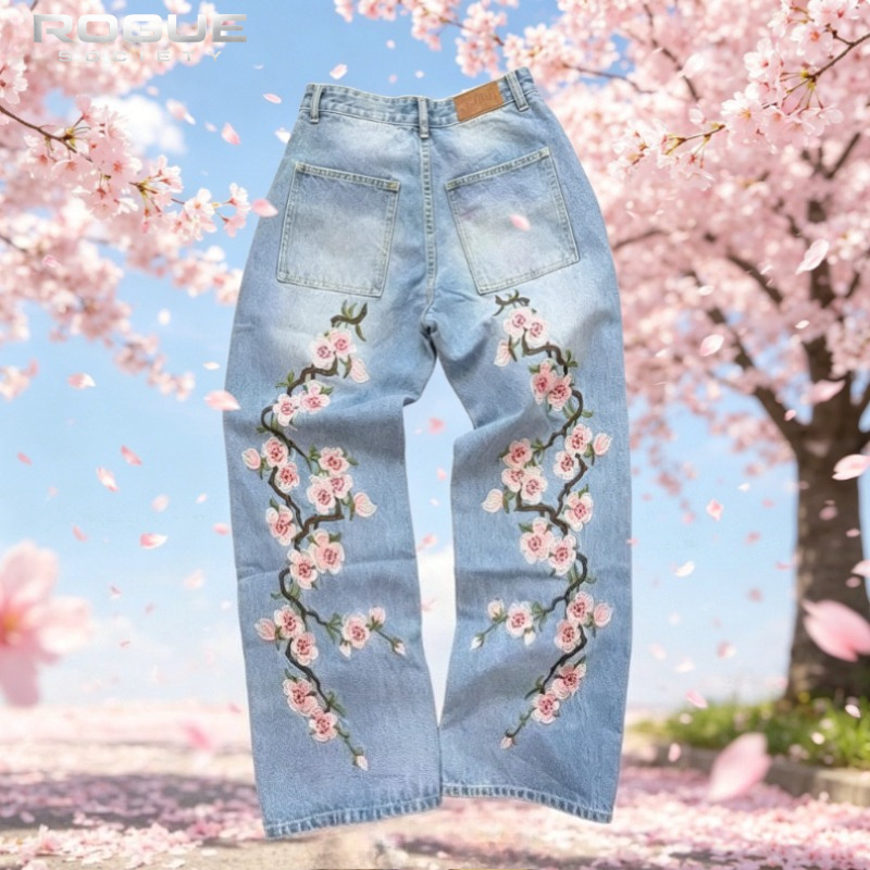 New Y2K American Retro Sakura  - Embroidery Jeans Sakura ulasan dan harga