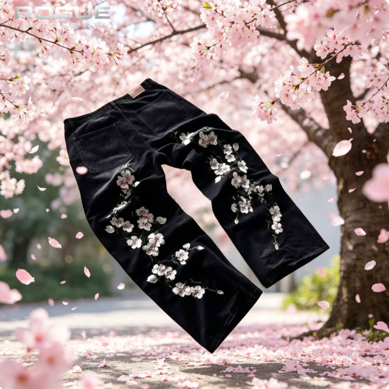New Y2K American Retro Sakura  - Embroidery Jeans Sakura ulasan dan harga