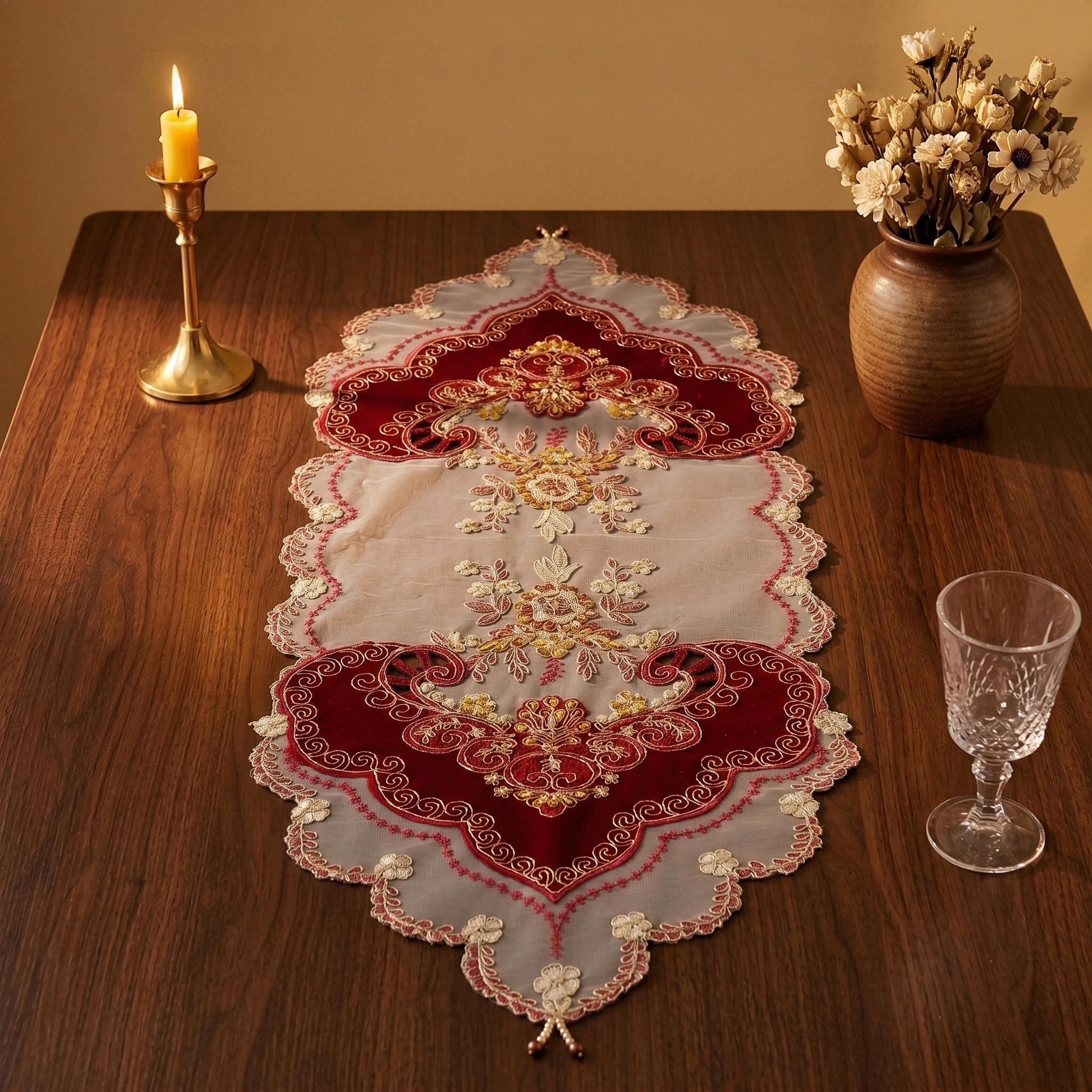 1pcs 40x100cm Red Velvet Table - Embroidery Xmas Designs ulasan dan harga