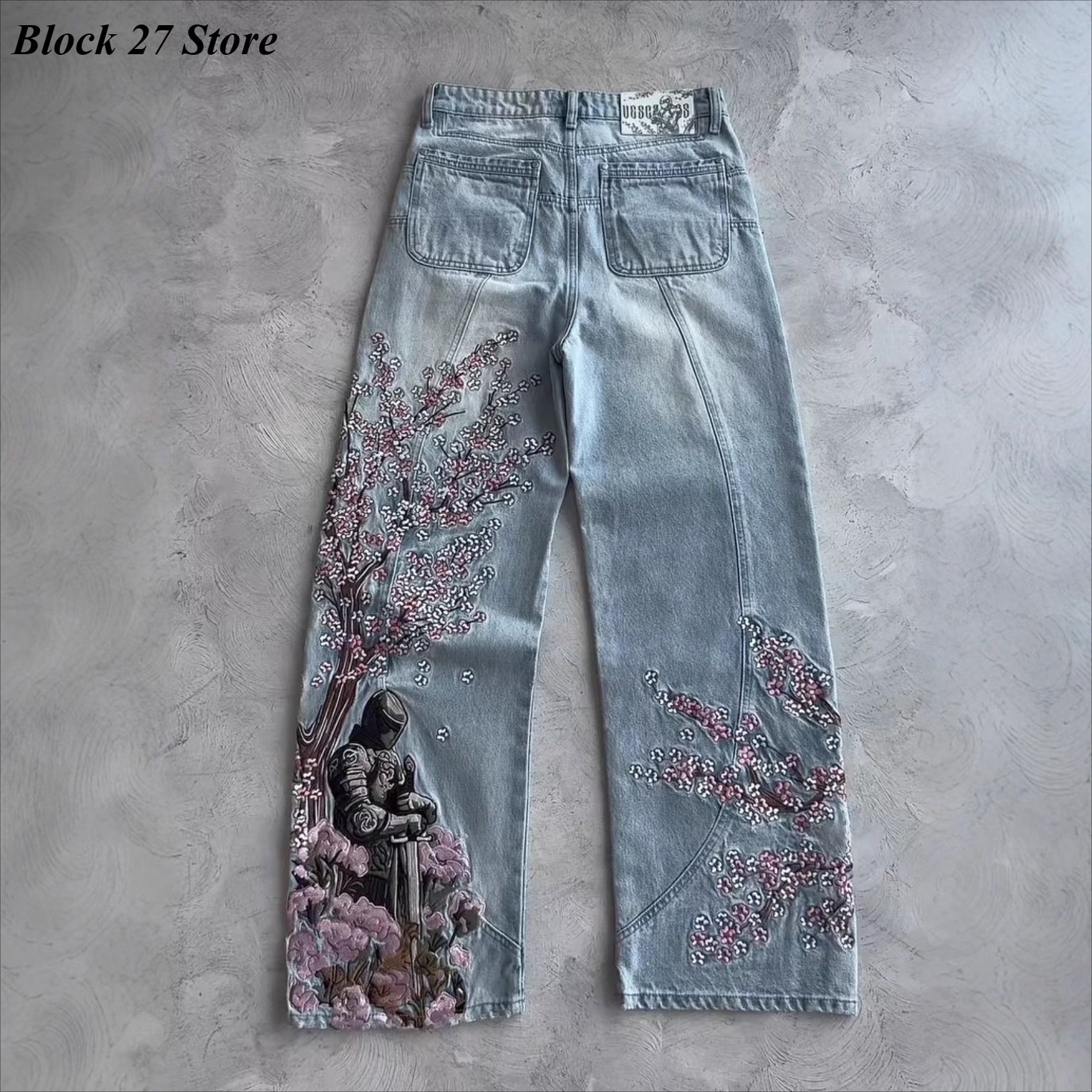 Mens Jeans Y2K Vintage Streetw - Embroidery Jeans Sakura ulasan dan harga