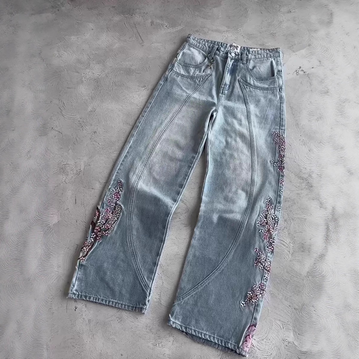 Mens Jeans Y2K Vintage Streetw - Embroidery Jeans Sakura ulasan dan harga