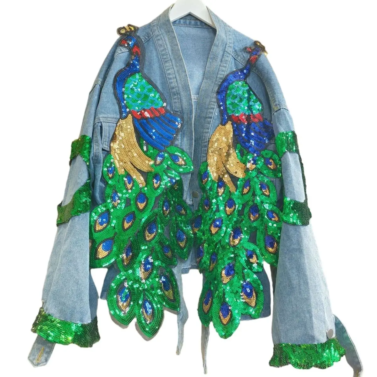 Women V-neck 3D Peacock Sequin - Embroidery Jeans Sakura ulasan dan harga