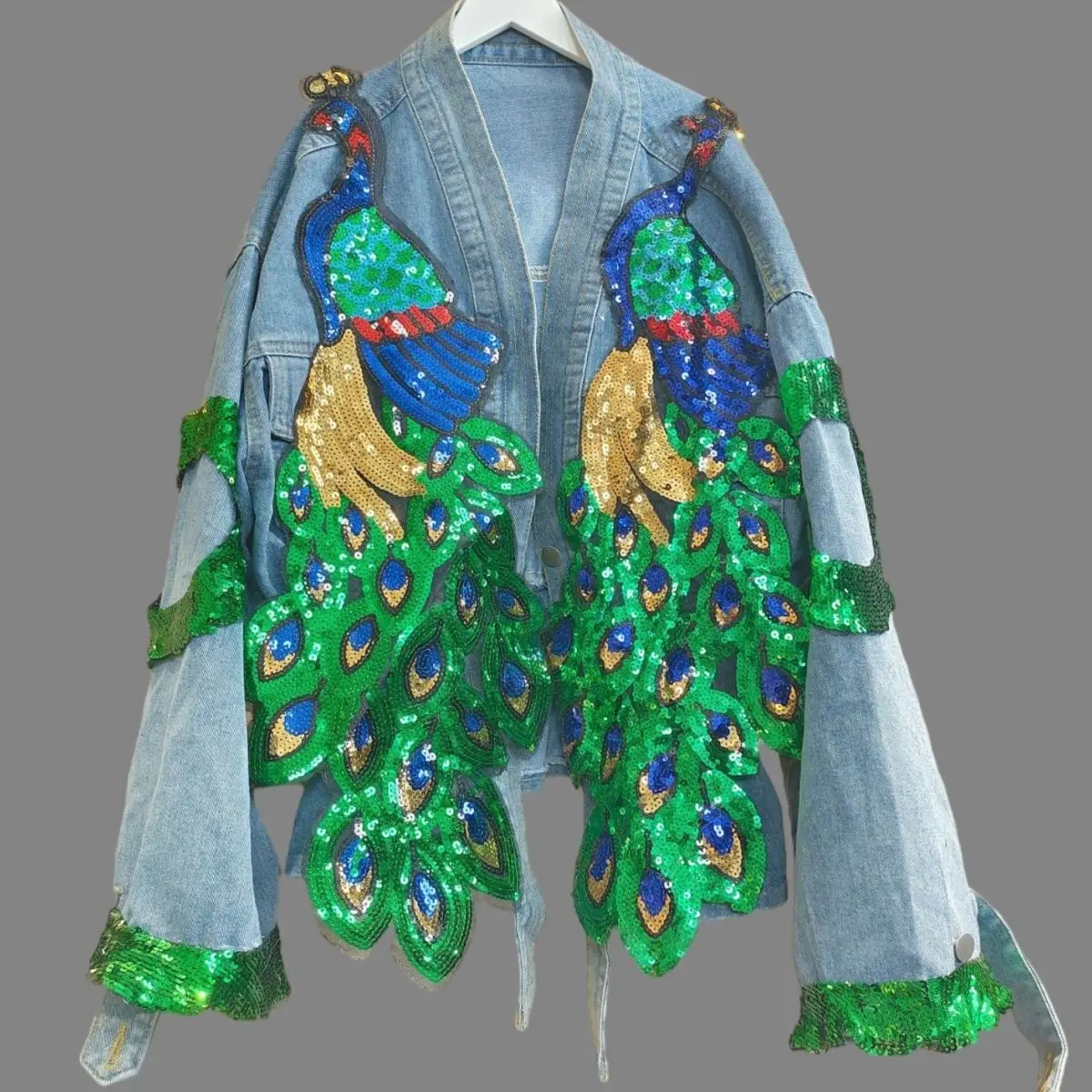 Women V-neck 3D Peacock Sequin - Embroidery Jeans Sakura ulasan dan harga