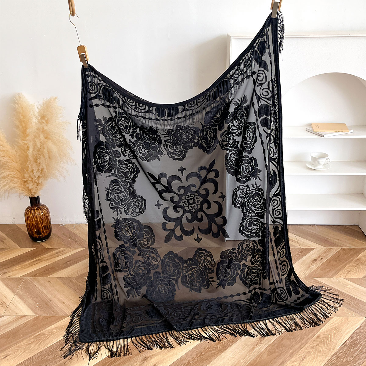Retro Velvet Tassel Scarf Flor - Embroidery Pashmina ulasan dan harga