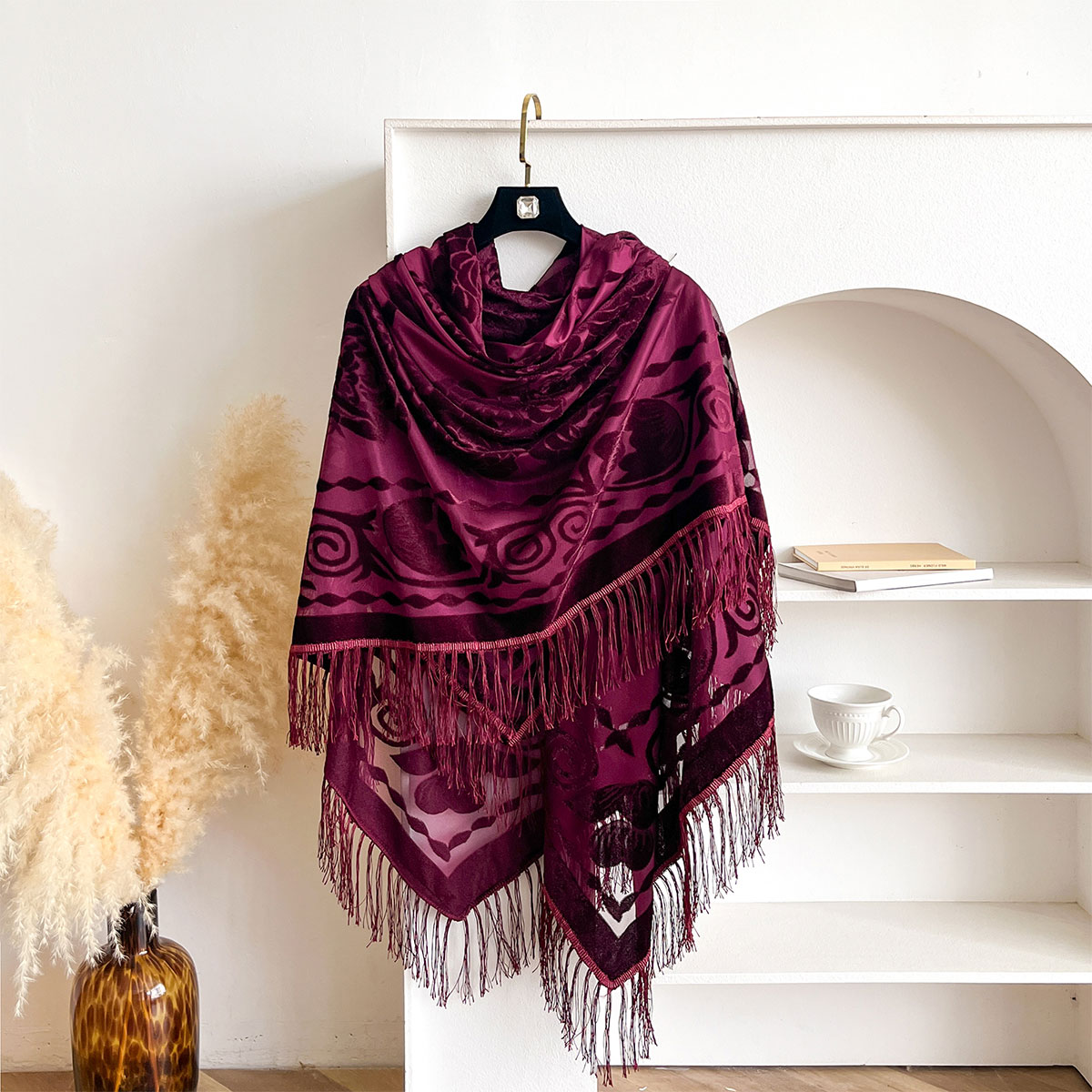 Retro Velvet Tassel Scarf Flor - Embroidery Pashmina ulasan dan harga