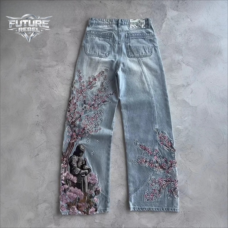 Mens Jeans Vintage Y2K Streetw - Embroidery Jeans Sakura ulasan dan harga