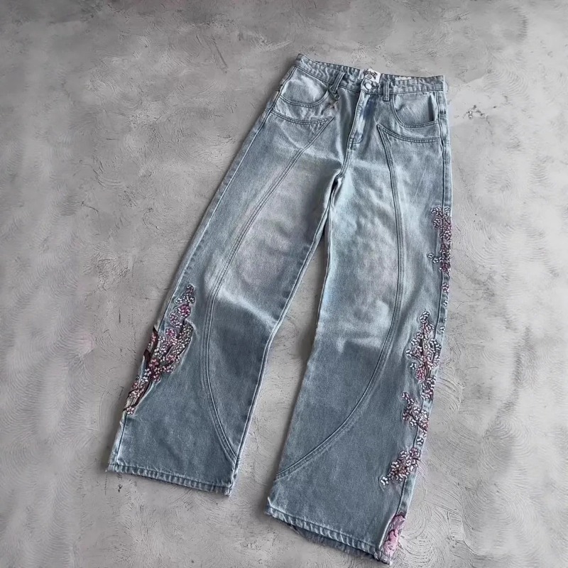 Mens Jeans Vintage Y2K Streetw - Embroidery Jeans Sakura ulasan dan harga