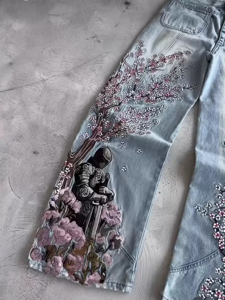 Mens Jeans Vintage Y2K Streetw - Embroidery Jeans Sakura ulasan dan harga