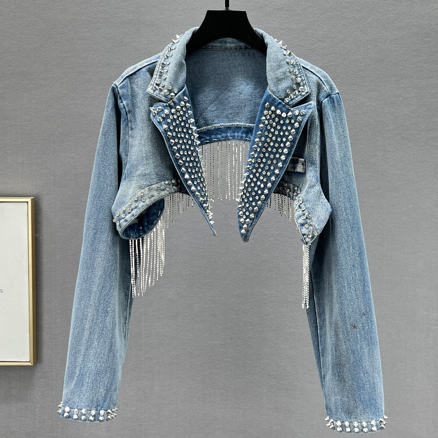 Rhinestone Beaded Tassels Rive - Embroidery Jeans Sakura ulasan dan harga